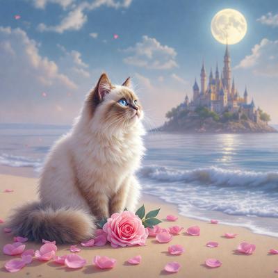 The primary subject of the image is a cat sitting on a beach. The cat is positioned near a pink rose, which is the focal point of the scene. The setting is a beach with a castle in the background, creating a picturesque and serene atmosphere. The visual style of the image is a painting, which adds to the overall mood and aesthetic appeal. The dominant colors in the painting are pink and white, which contribute to the overall warm and inviting mood of the scene.